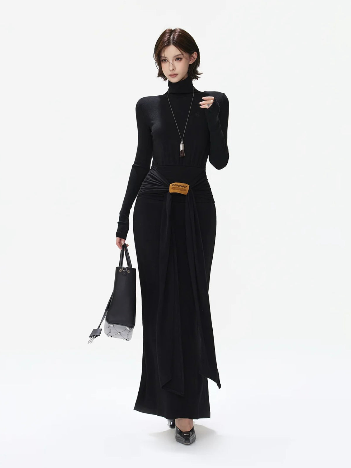 Turtleneck Tie Waist Knitted Maxi Dress