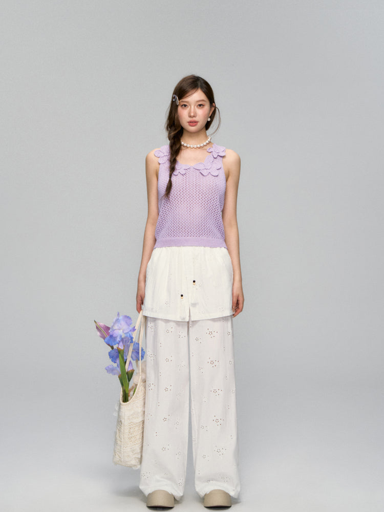 Hollow-Out Fauk Two Piece High-Waist Pants