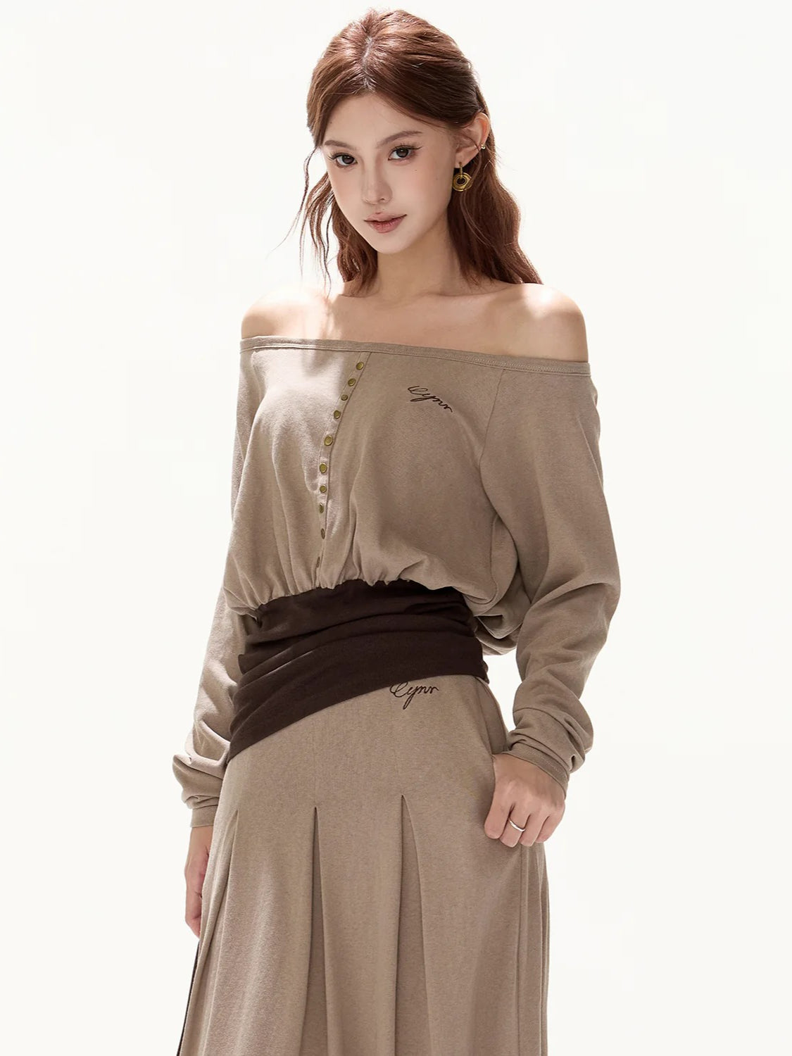 Khaki Off Shoulder Draped Top &amp; Skirt Set