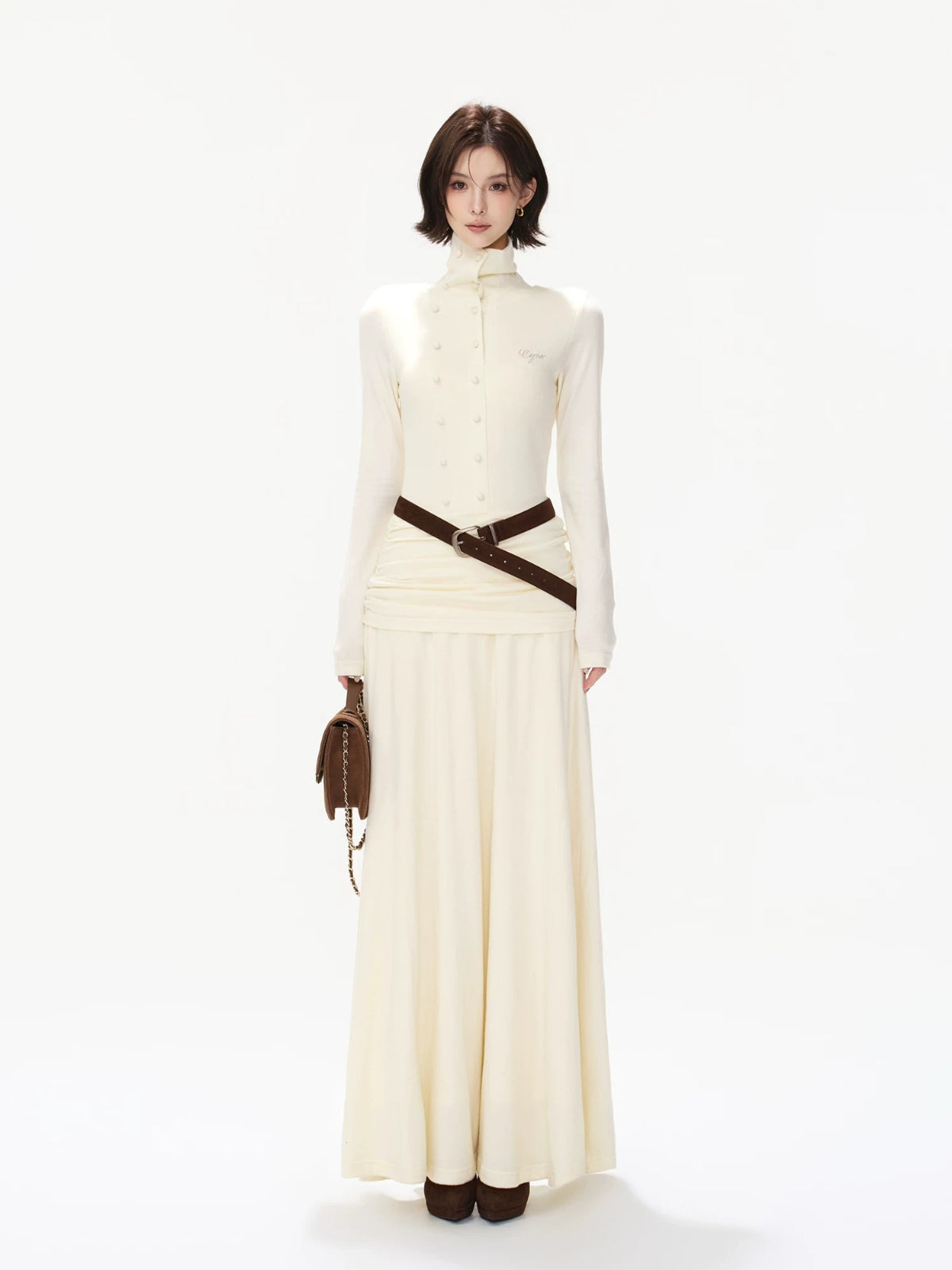 Belted Turtleneck Knit Maxi Dress