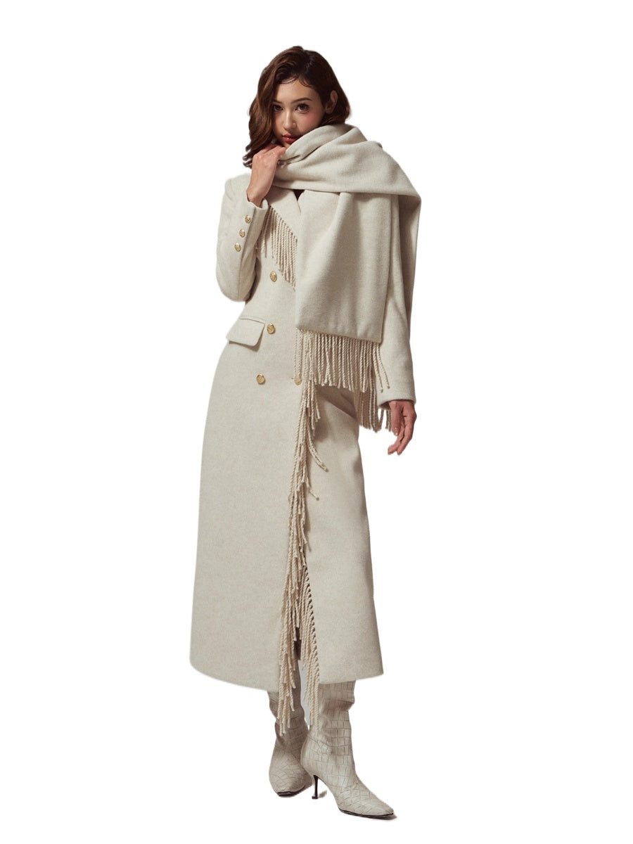 Wool-Blend Hourglass Fringe-Scarf Double-Breasted Long Coat