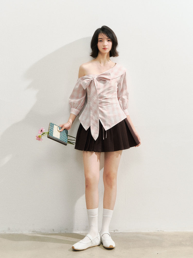 Checkered Bow One-Shoulder Asymmetric Waist-Cinching Shirt