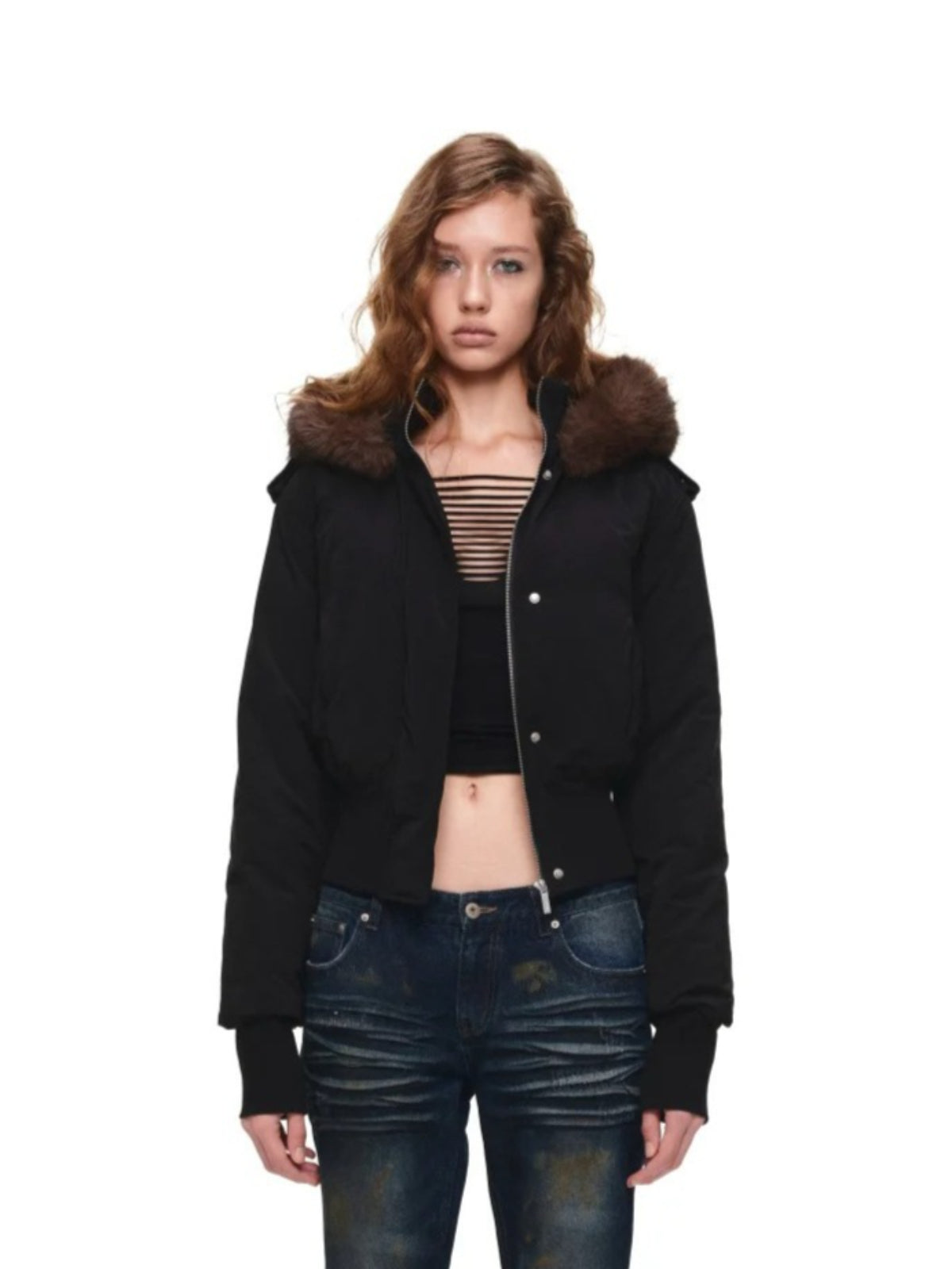 Detachable Faux Fur Ribbed-Waist Down Jacket