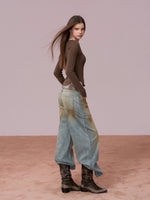 Washed Distressed Embroidered Denim Jeans