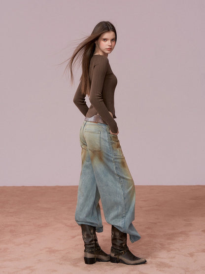 Washed Distressed Embroidered Denim Jeans