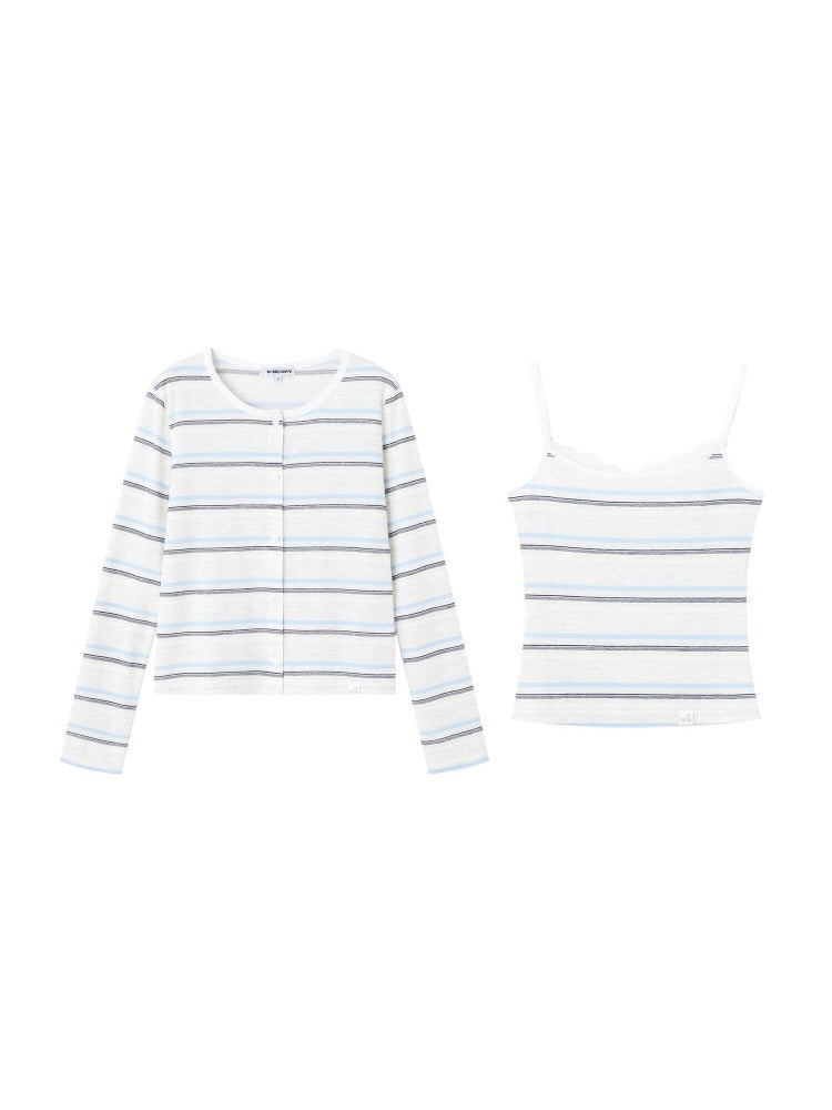 Lace Trim Stripe Cardigan Set