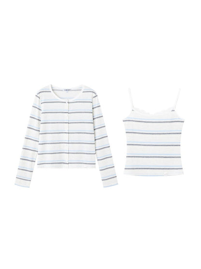 Lace Trim Stripe Cardigan Set