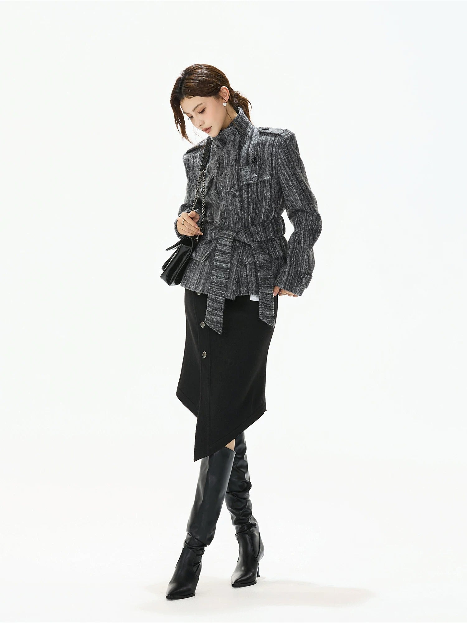 Gray Belted Tweed Coat