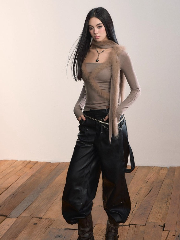 Patchwork Fox Fur Knit Top &amp; Fur Scarf Set