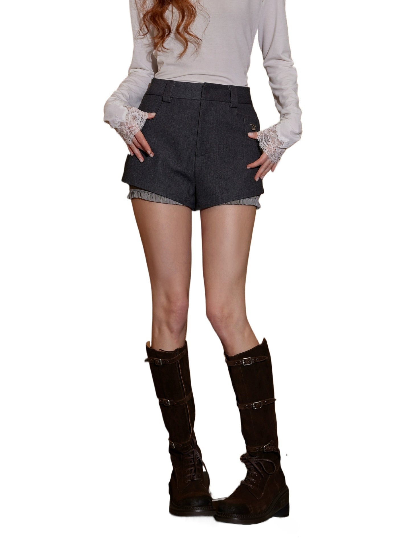 Contrast Fake Two-Piece Illusion High-Waist Shorts