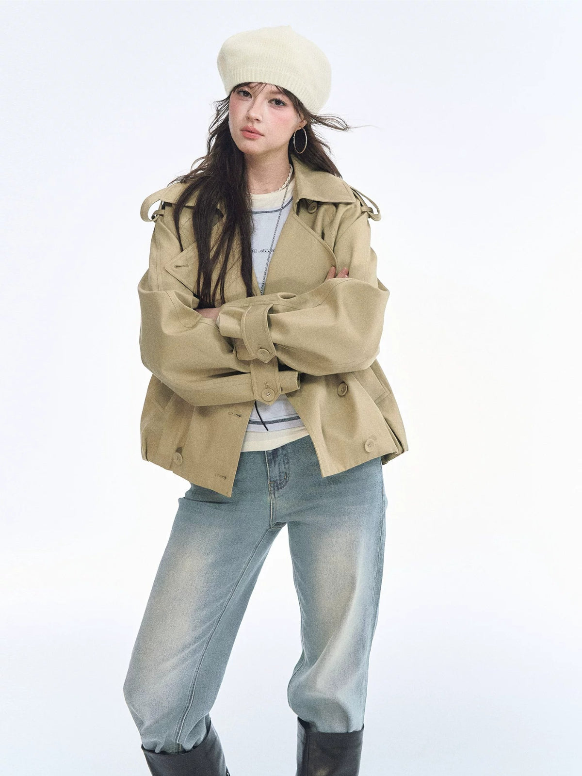 Vintage Solid Cropped Trench Coat