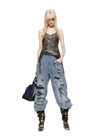 Distressed Patchwork Wide Leg Jeans