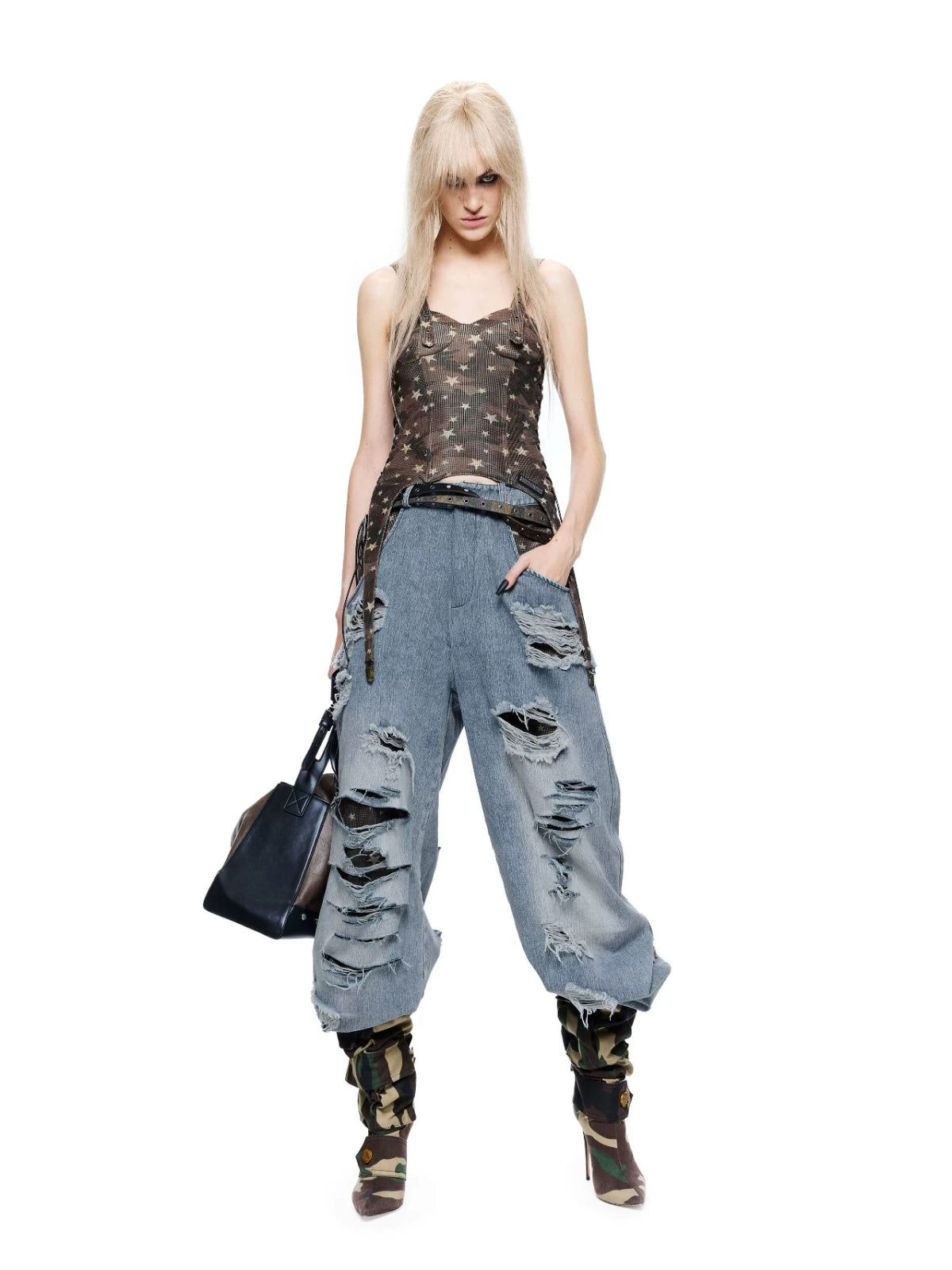 Distressed Patchwork Wide Leg Jeans