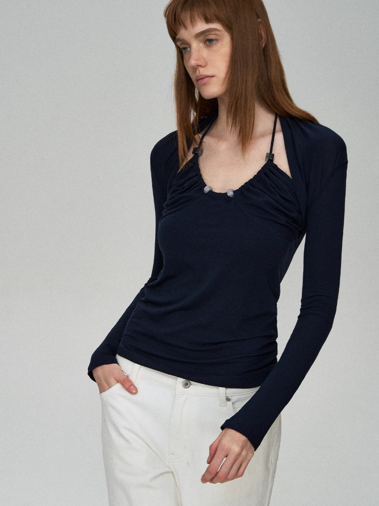 Lyocell Wool Pleated Beaded Tee