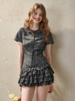 Gray Plaid Doll Collar Lace Waist Shirt & Cami Set