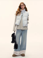 Blue Shearling-Trim Straight-Leg Denim Pants