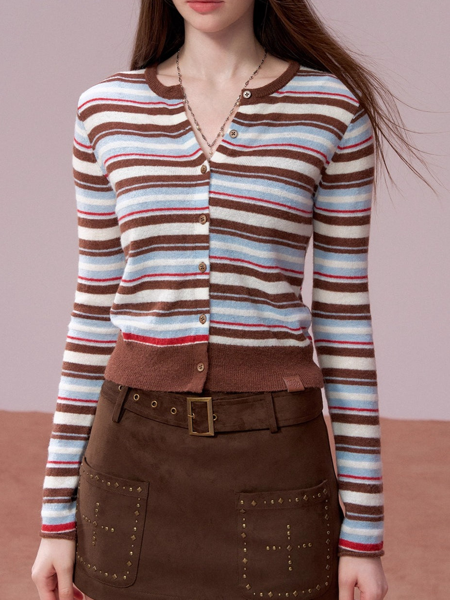 Color-Block Striped Wool Knit Cardigan