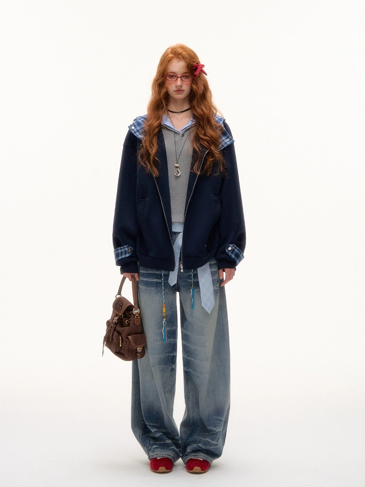 Plaid Patchwork Hoodie Cardigan