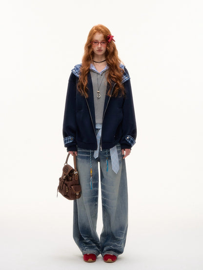 Plaid Patchwork Hoodie Cardigan