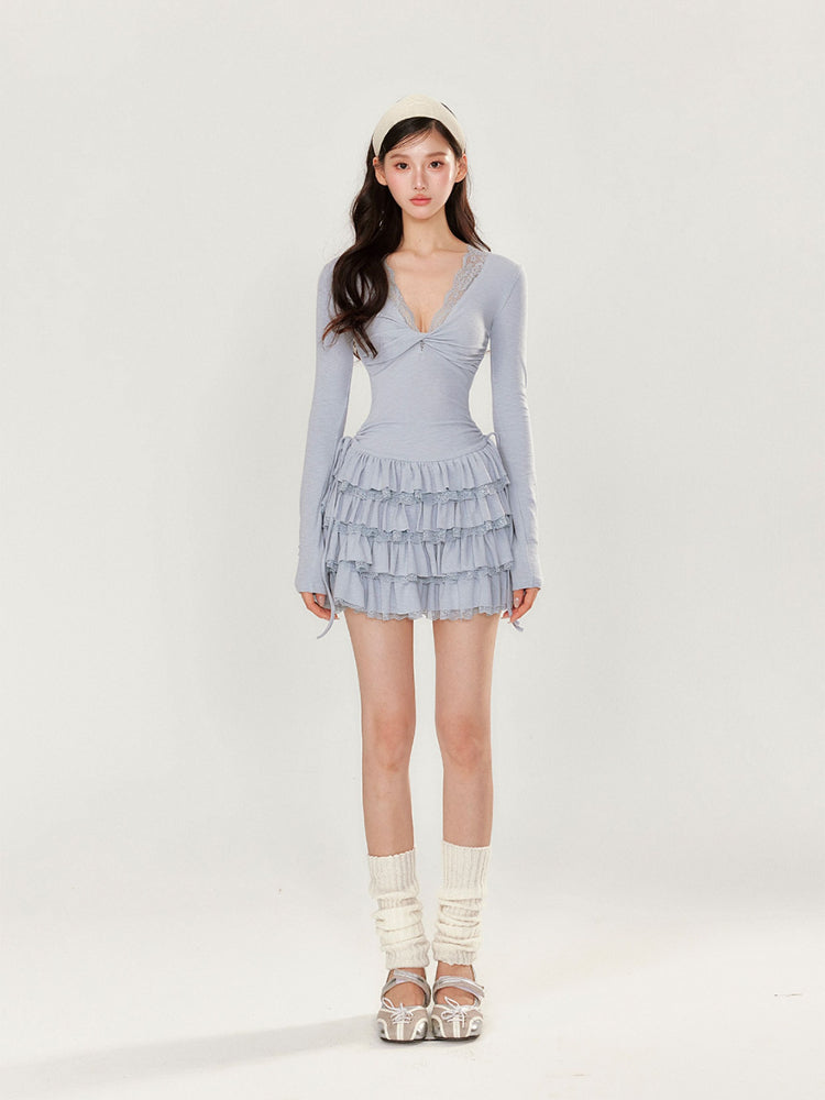 V-neck Long Sleeve Cake Dress