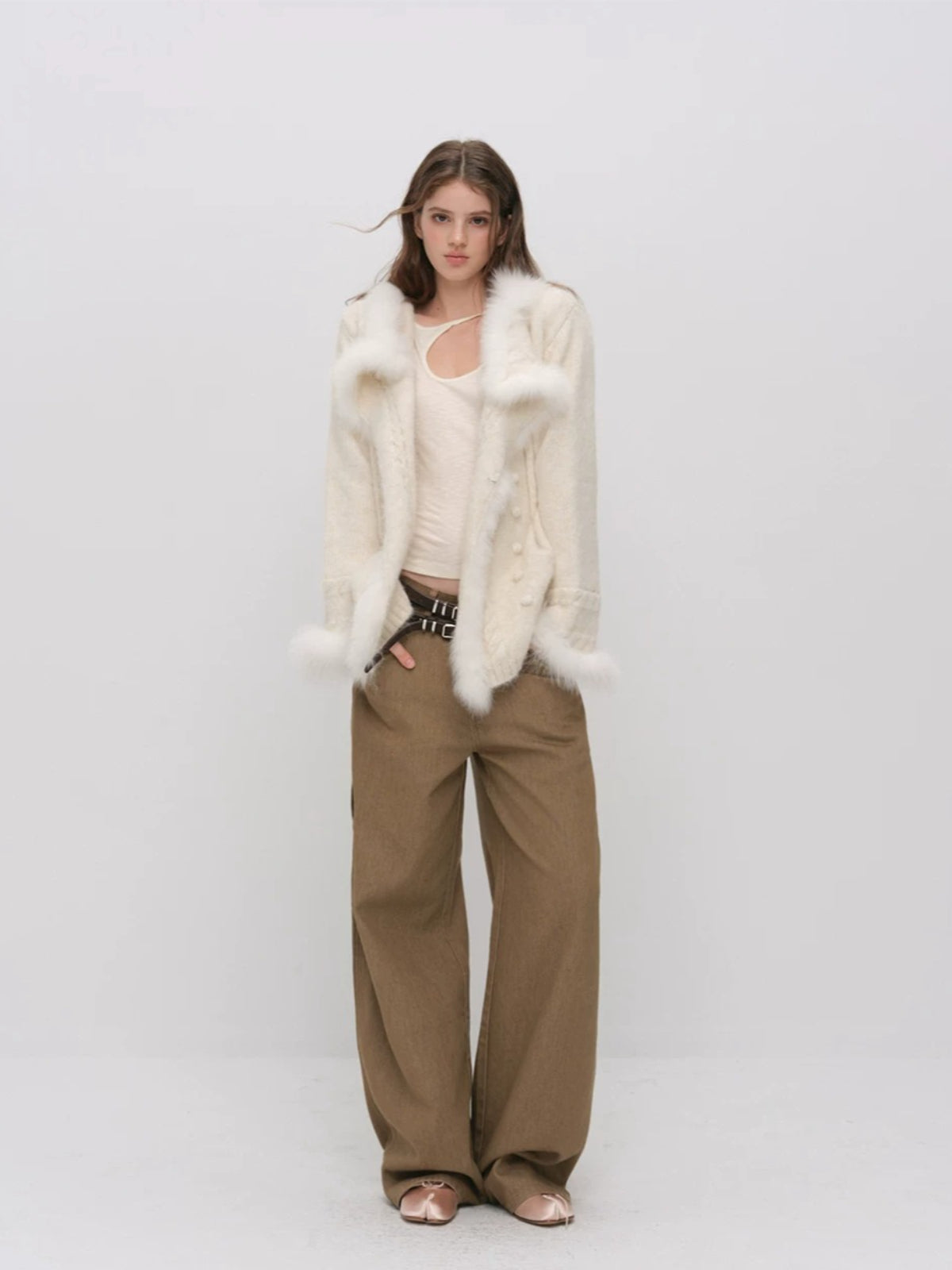 Fox Fur Trim Knit Coat