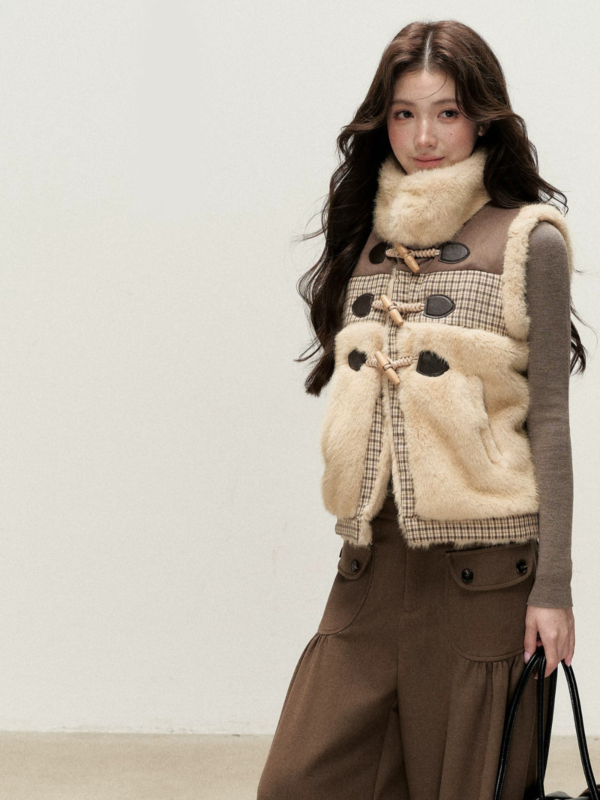 Vintage Toggle Plaid Faux Fur Vest