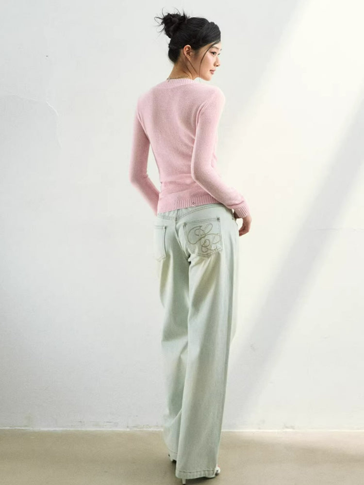 Shimmer Yarn Distressed V-Neck Knit Top