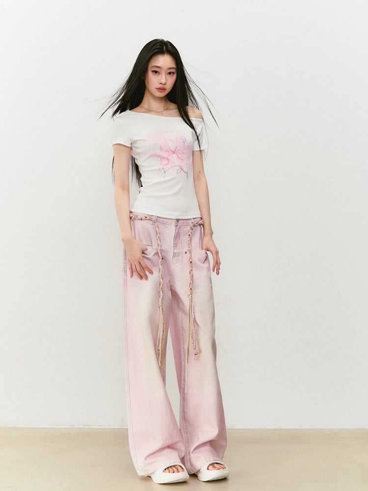 Printed Rhinestone Asymmetric Shoulder T-shirt