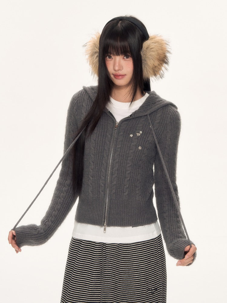 Grey Cat-Ear Knit Hoodie