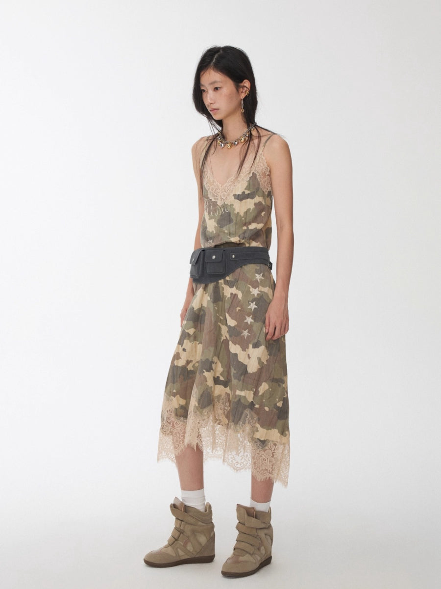 Camouflage Lace Trim Slip Dress
