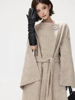Embellished Buckle Belted Wool Blend Coat