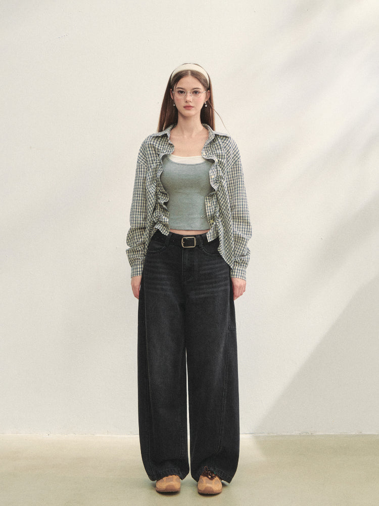 Checkered Contrast Hem Drawstring Pleated Shirt