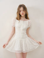 Apricot Floral Embroidered Puff Sleeve Dress