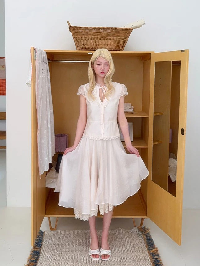Apricot Tie V-Neck Shirt &amp; Lace Skirt Set