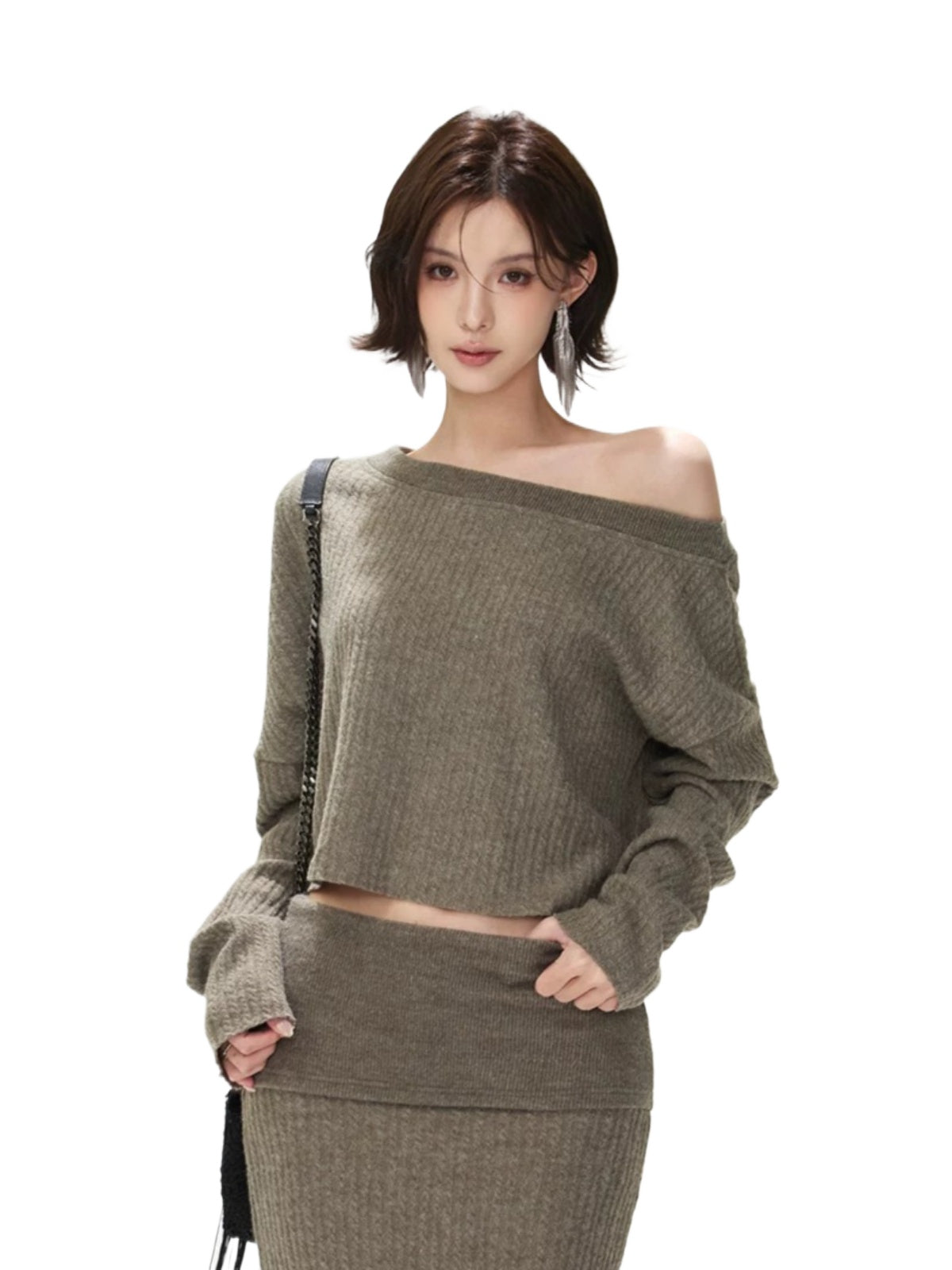Asymmetric Ribbed Knit &amp; Maxi Skirt Set