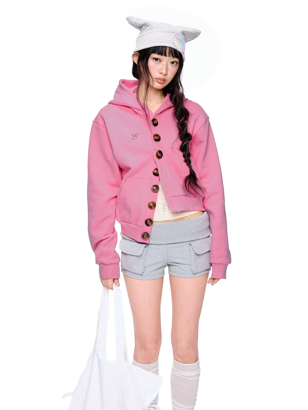 Button Embroidered Cropped Hoodie
