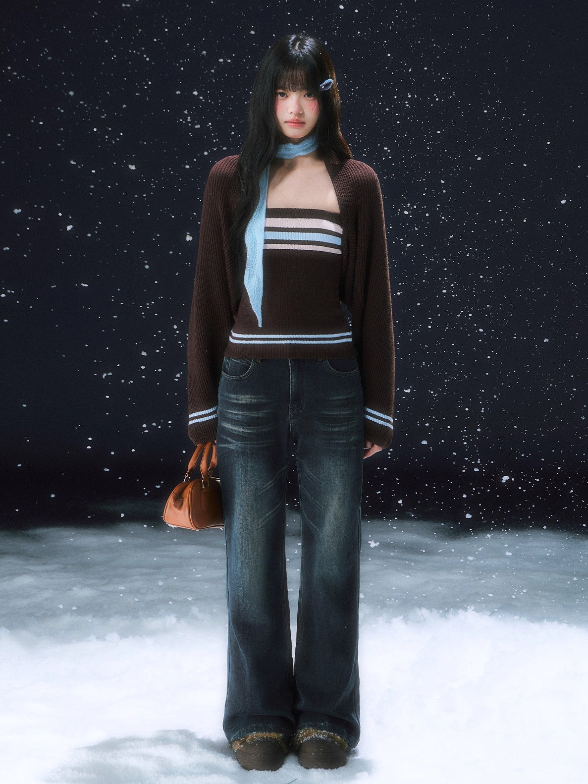 Brown Layered Knit Cardigan Set