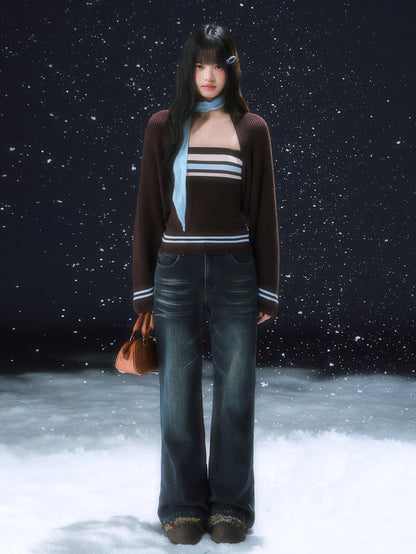 Brown Layered Knit Cardigan Set