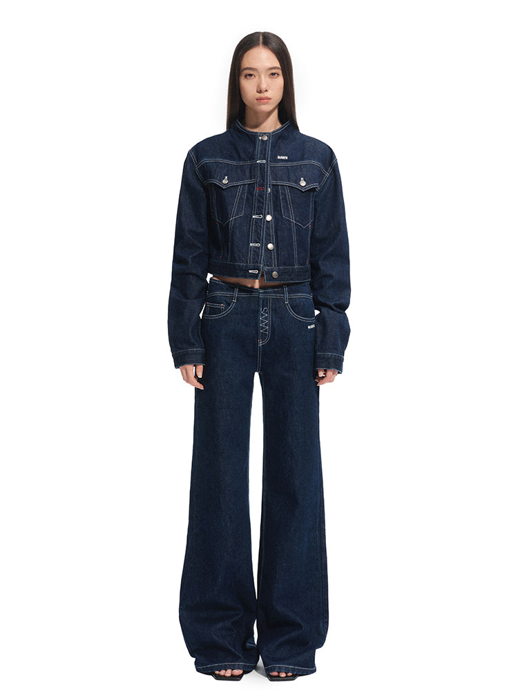 Denim Stand-Collar Regular-Shoulder Short Jacket