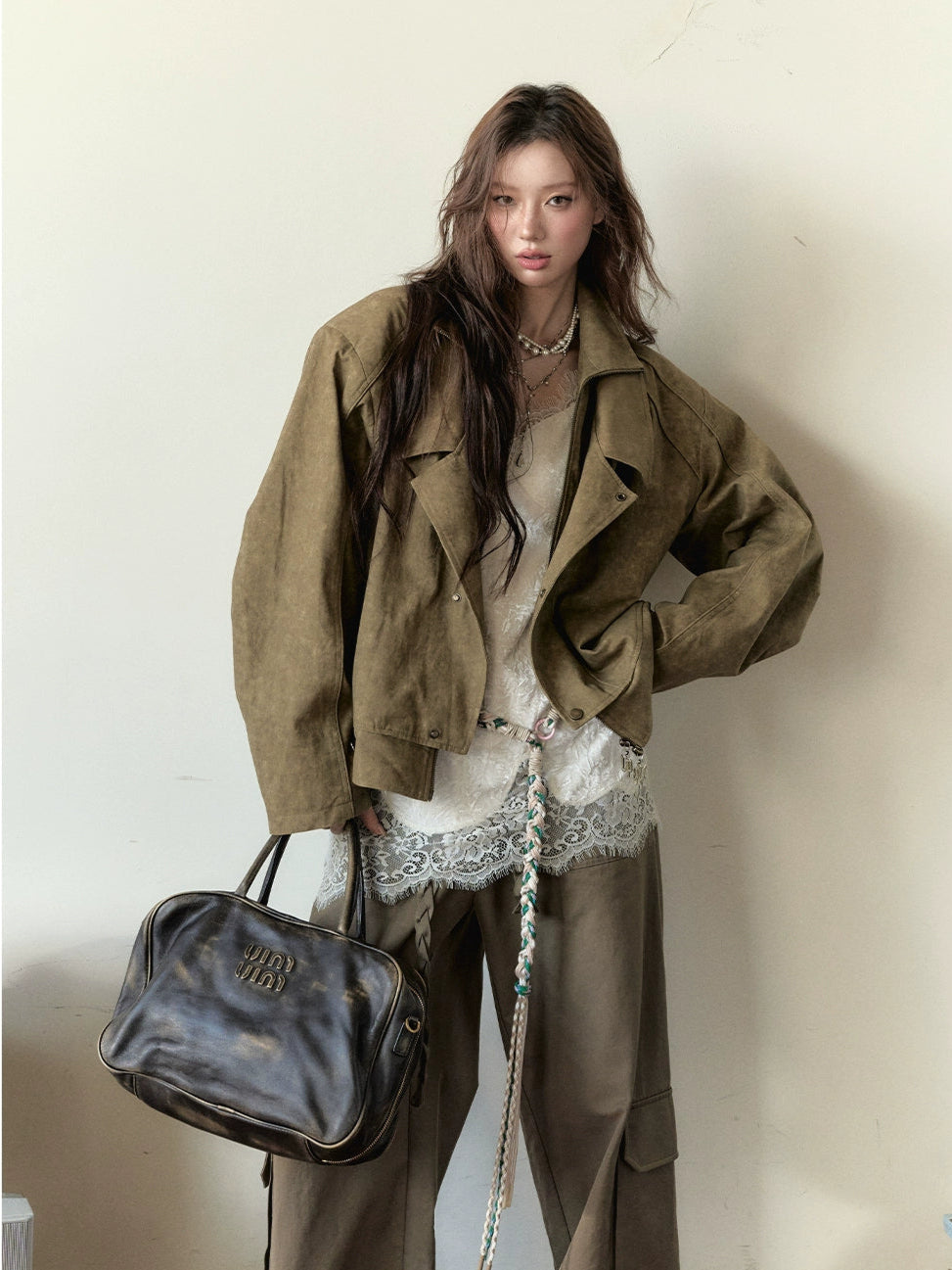 Khaki &amp; Gray Studded Loose-fitting Jacket