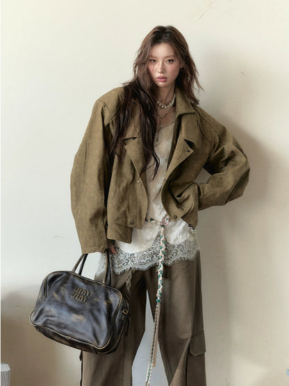 Khaki &amp; Gray Studded Loose-fitting Jacket