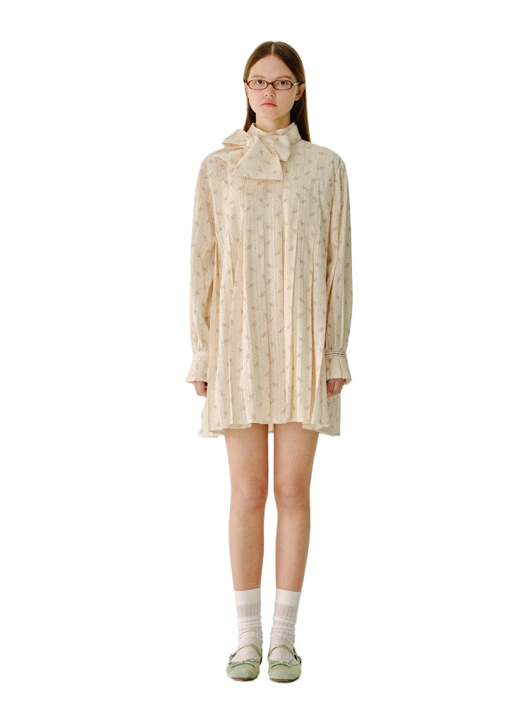 Pleated Floral Tie-Neck Lantern-Sleeve Mini Dress