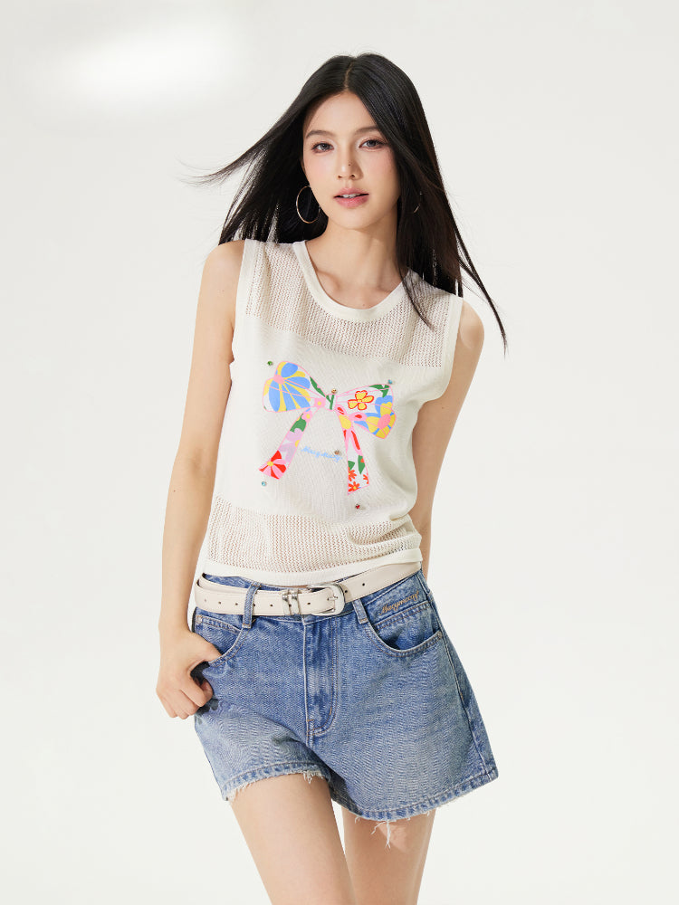 Bowknot Hollow Out Tencel Tank Top