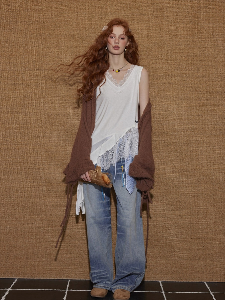 V-Neck Lace Patchwork Asymmetrical Tank Top