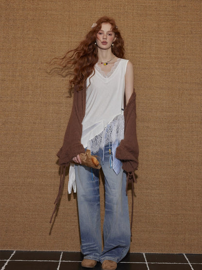 V-Neck Lace Patchwork Asymmetrical Tank Top