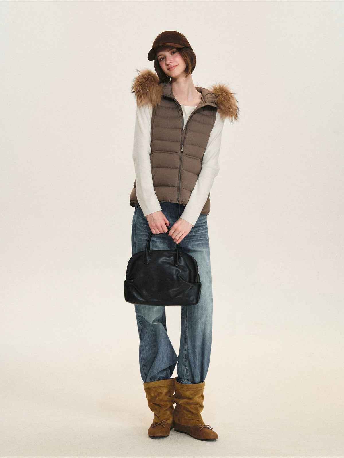 Detachable Fur Collar Waist-Fitted Down Vest