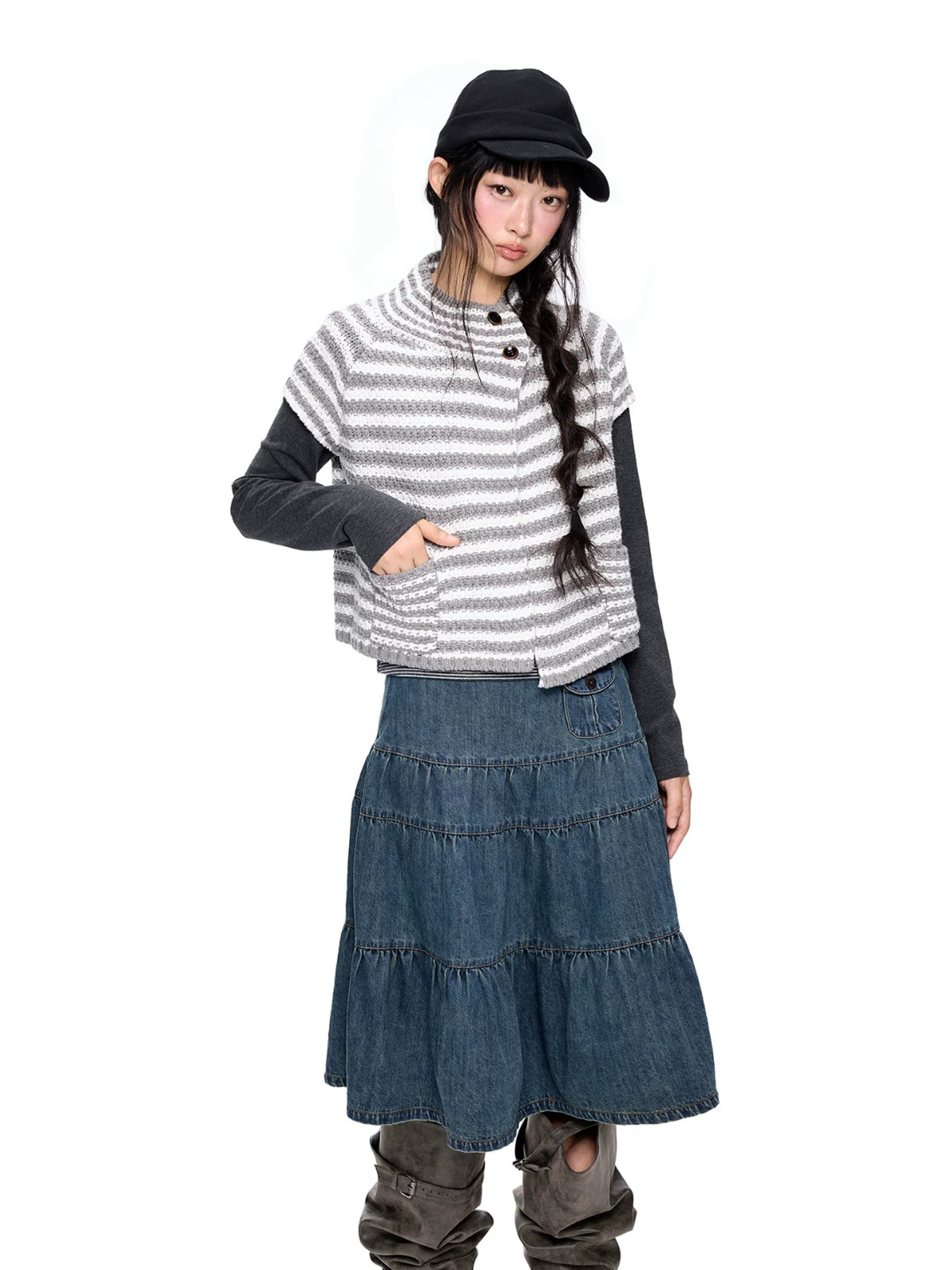 Striped Half Neck Button Knit Top