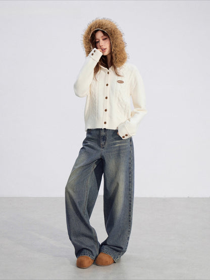 Cable Knit Fur-Collar Hoodie