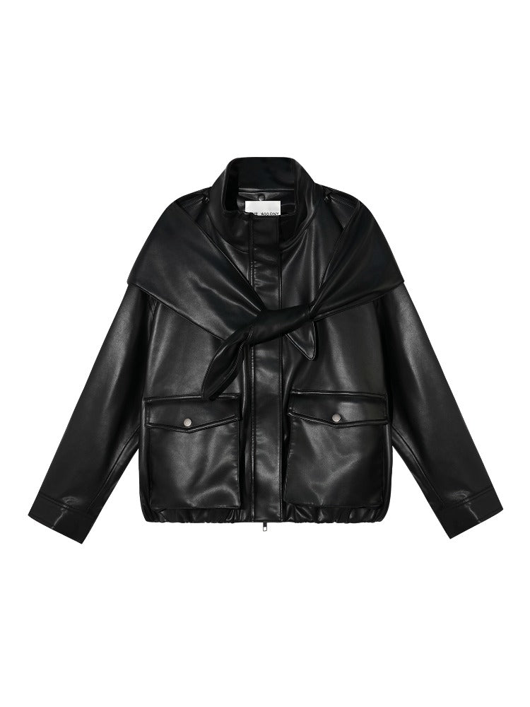 Detachable Bunny Hood Short Leather Jacket