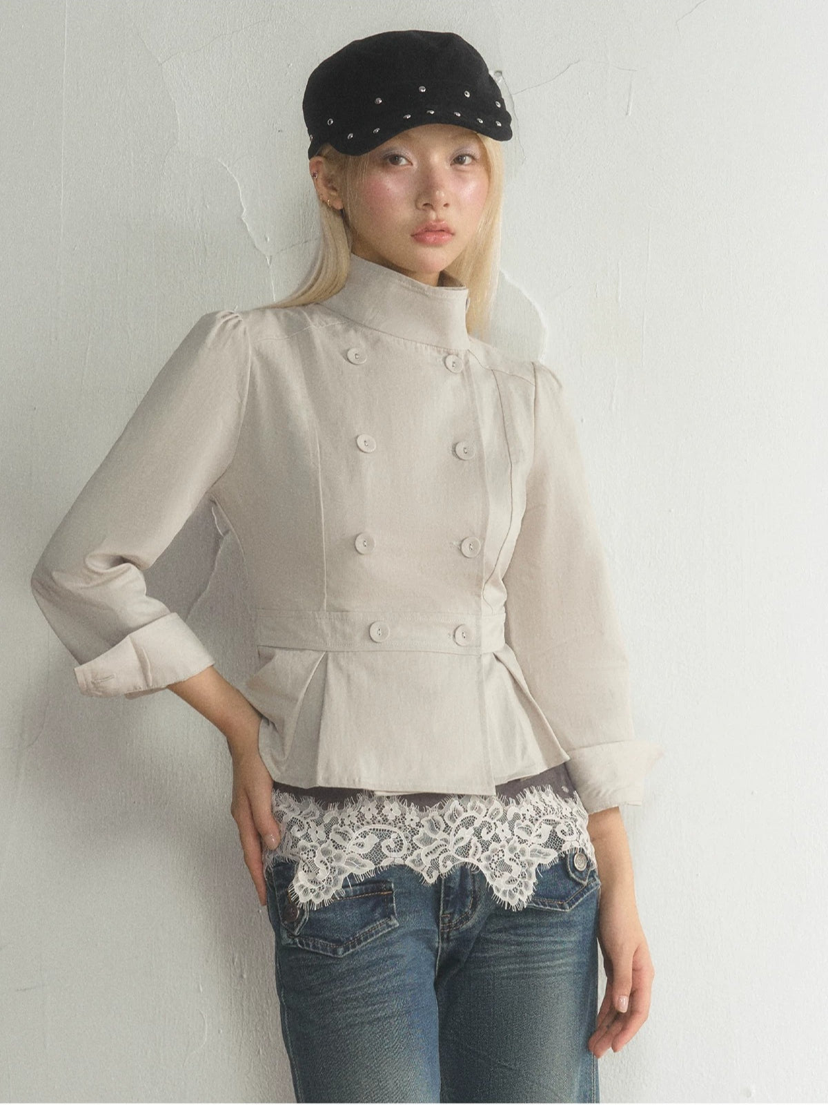 Vintage Stand Collar Peplum Jacket